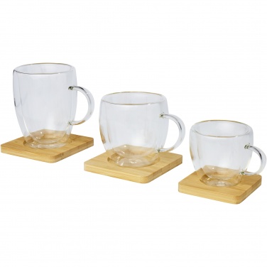 Logotrade Werbegeschenke das Foto: Manti 2-teiliger 350 ml doppelwandiger Glasbecher mit Bambusuntersetzer 