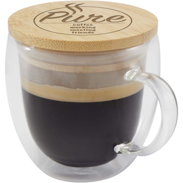Logotrade Firmengeschenke das Foto: Lenora 250 ml Glasbecher mit Bambusdeckel