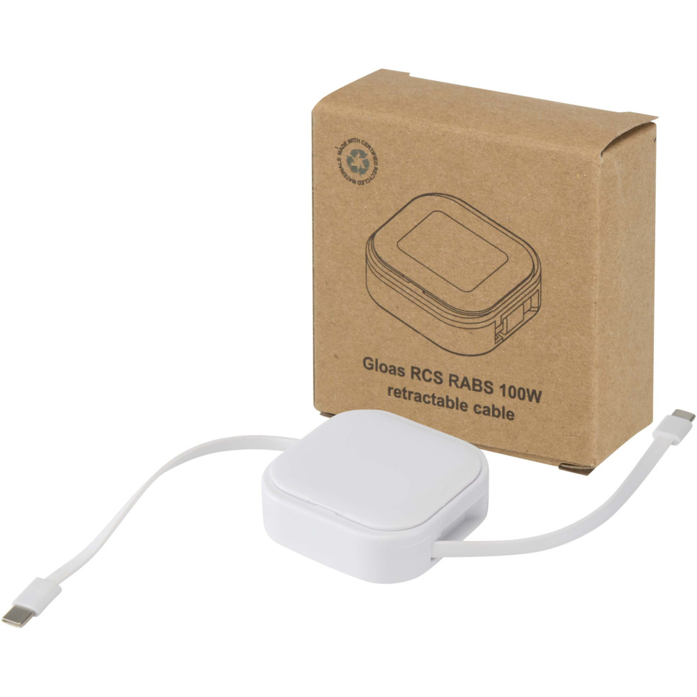 Logotrade Geschäftsgeschenke das Foto: Gloas Aufrollbares 5 in 1 Kabel aus Recyclingmaterial mit Datensynchronisierung und 100 W Schnellladefunktion sowie Smartphone Toolkit