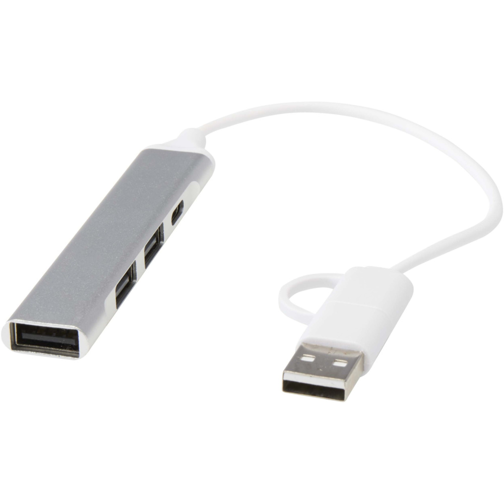 Logotrade Werbeartikel das Foto: Alkaid 4 Port Hub aus recyceltem Aluminium mit USB-A- und Typ-C-Anschlüssen und zwei Eingängen