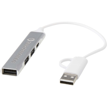 Logotrade Firmengeschenke das Foto: Alkaid 4 Port Hub aus recyceltem Aluminium mit USB-A- und Typ-C-Anschlüssen und zwei Eingängen
