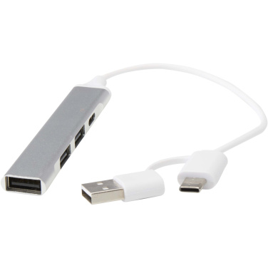 Logotrade werbemittel das Foto: Alkaid 4 Port Hub aus recyceltem Aluminium mit USB-A- und Typ-C-Anschlüssen und zwei Eingängen