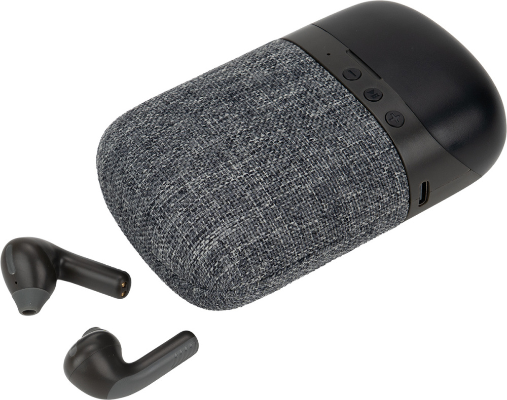 Logotrade Werbegeschenke das Foto: Bluetooth-Lautsprecher HF01 mit integrierten Ohrhörern 2 in 1
