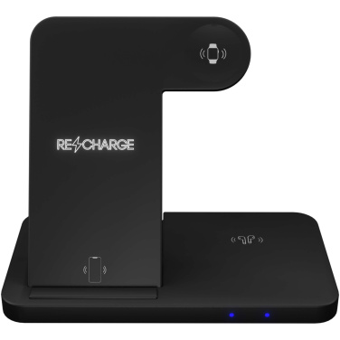 Logotrade Firmengeschenke das Foto: SCX.design W28 kabellose 3-in-1 Ladestation kabellos mit Telefonständer und Leuchtlogo
