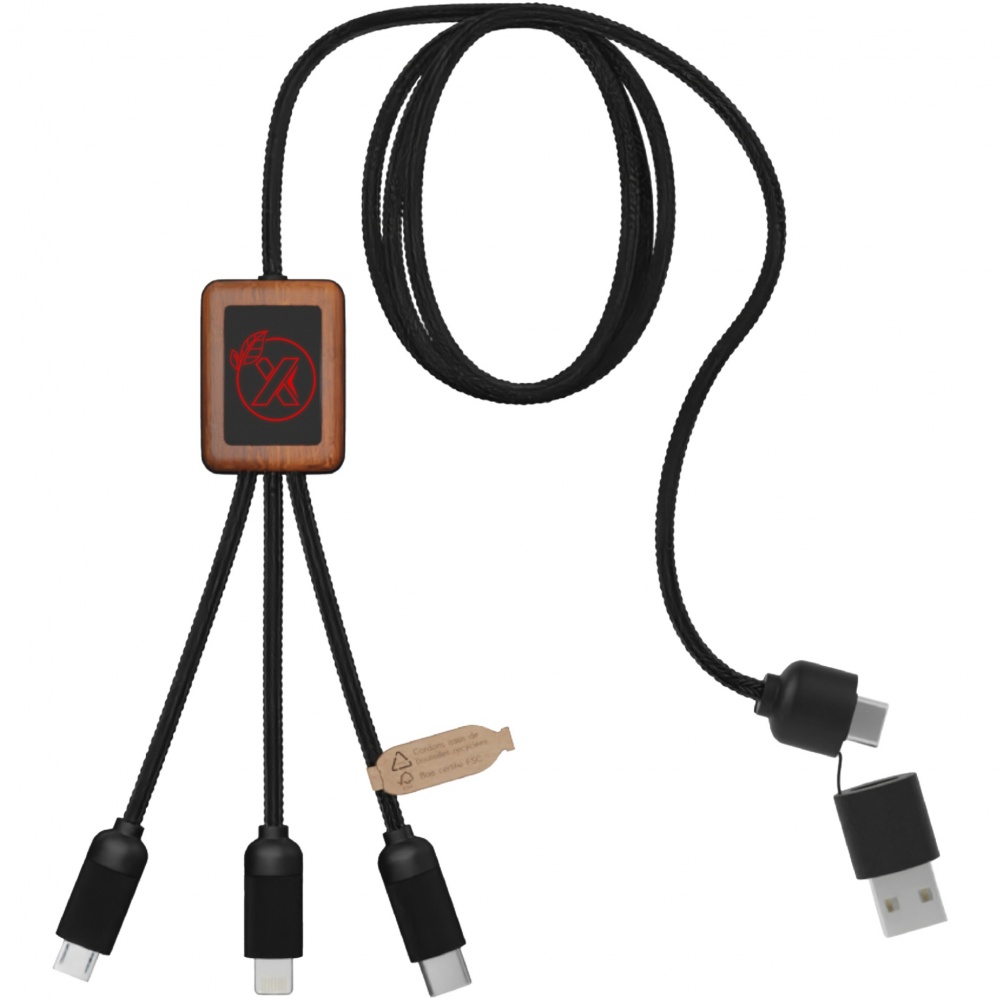 Logotrade promotional products photo of: SCX.design C38 5-in-1 rPET light-up logo charging cable with squared wooden casing