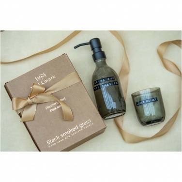Logo trade promotional merchandise image of: Wellmark Discovery 200 ml hand soap dispenser and 150 g scented candle set - dark amber fragrance