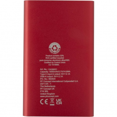 Logo trade advertising products picture of: Pep 4000 mAh Type-C recycled aluminium power bank 