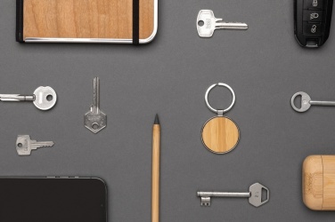 Logo trade advertising product photo of: RCS recycled zinc alloy round keychain with bamboo