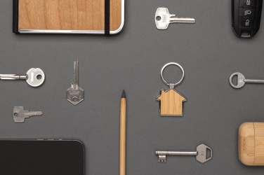 Logo trade promotional giveaways image of: RCS recycled zinc alloy house keychain with bamboo
