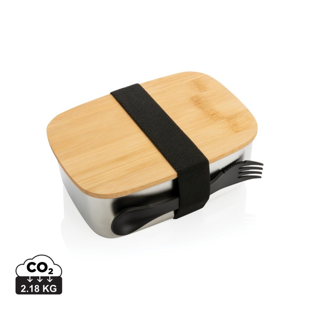 Logotrade business gift image of: Stainless steel lunchbox with bamboo lid and spork