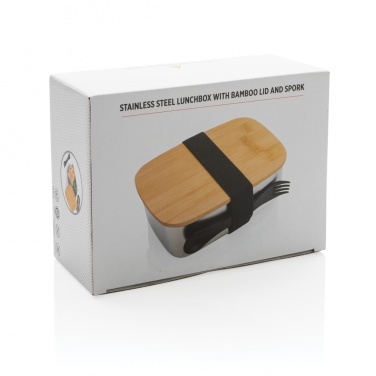 Logo trade advertising products image of: Stainless steel lunchbox with bamboo lid and spork