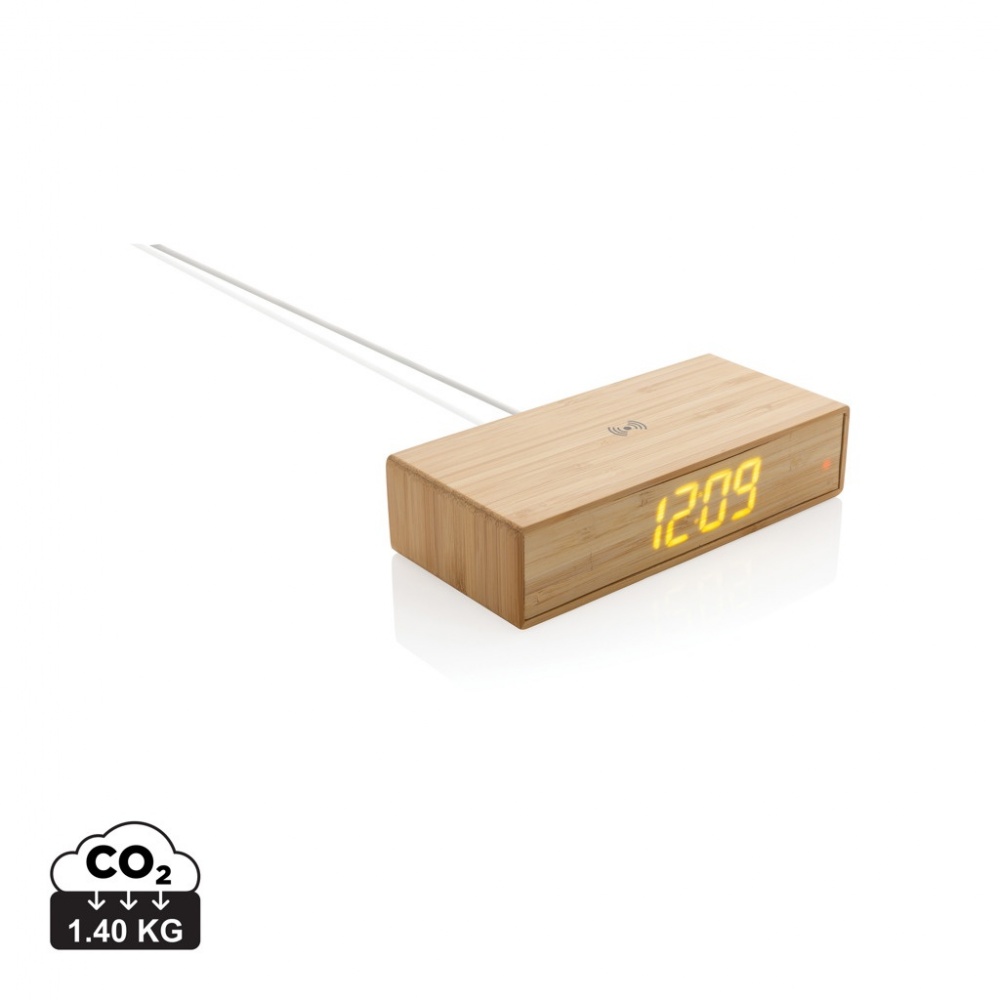 Logo trade promotional gifts picture of: Bamboo alarm clock with 5W wireless charger