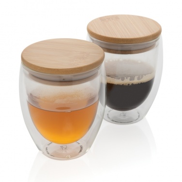 Logo trade advertising products image of: Double wall borosilicate glass with bamboo lid 250ml 2pc set