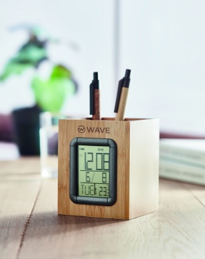 Logo trade advertising products image of: Bamboo pen holder and LCD clock