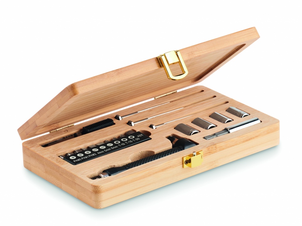 Logo trade promotional gift photo of: 21 pcs tool set in bamboo case
