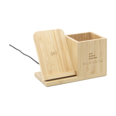 Logo trade business gift photo of: Bamboo Boss 15W charger/pen holder