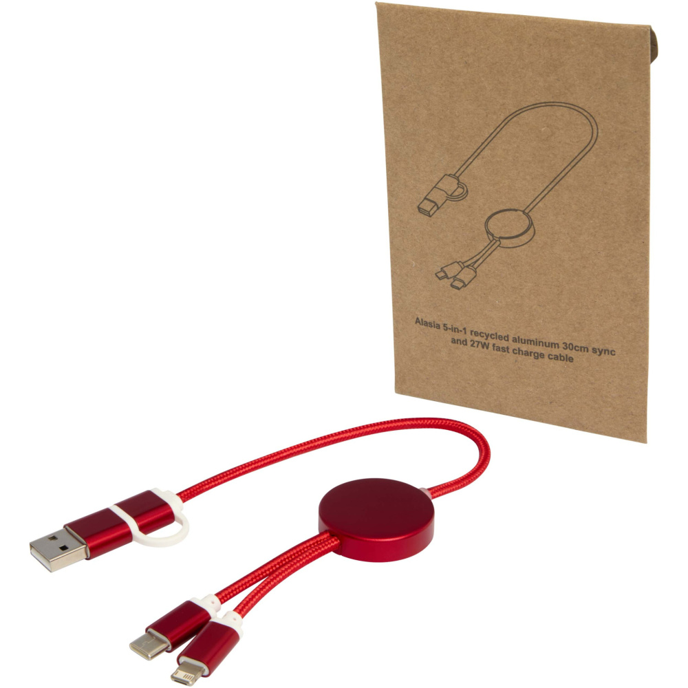 Logo trade promotional gifts image of: Alasia 5-in-1 recycled aluminium and plastic 30 cm data sync and 27W fast charge cable