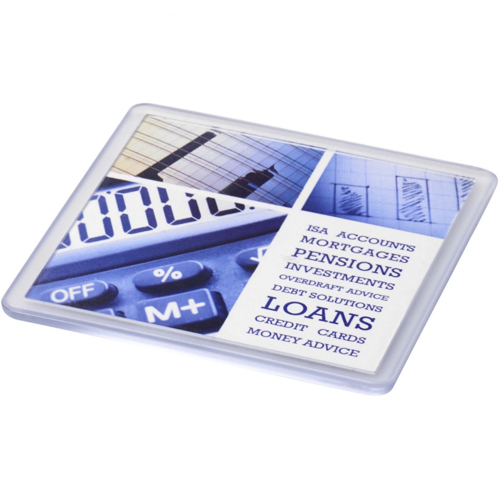 Logo trade mainoslahjat tuotekuva: Ellison neliönmuotoinen muovinen lasinalunen, jossa paperi