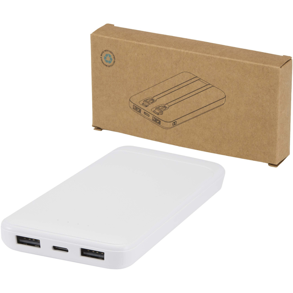 Logotrade dovana nuotrauka: „Adhil“ 10 000 mAh 10 W perdirbto plastiko išorinė baterija su 2 integruotais laidais