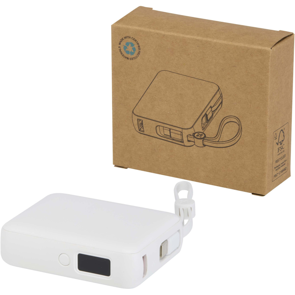 Logotrade reklamprodukter bild: Acrux 10 000 mAh 35 W powerbank för surfplattor med inbyggd Type-C-kabel – tillverkad av återvunnen plast