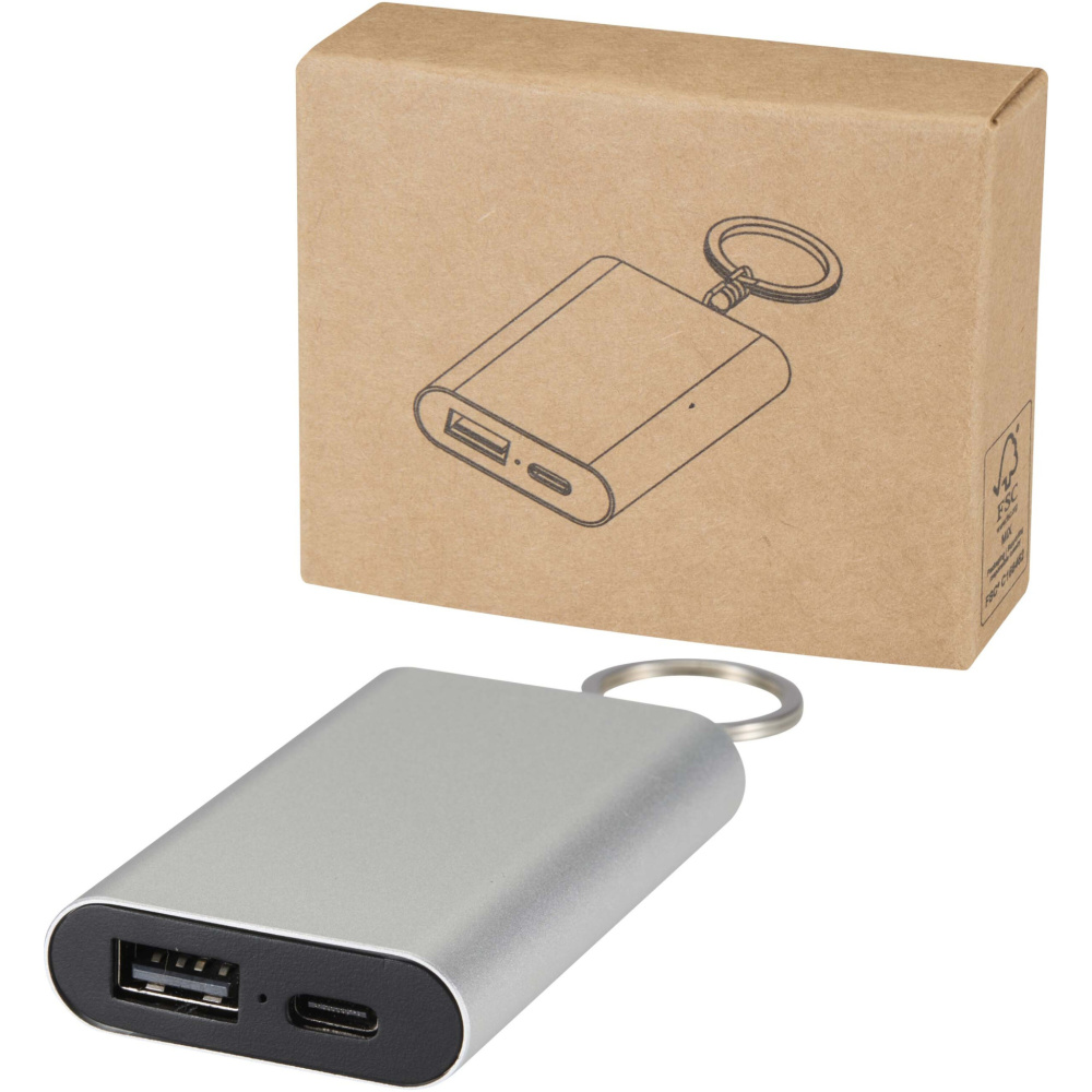Logotrade reklamprodukter bild: Arcturus 2 000 mAh powerbank i återvunnet aluminium med nyckelring
